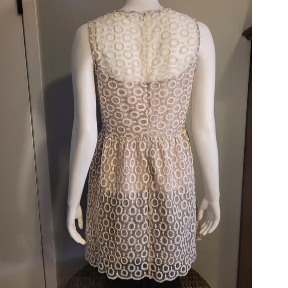 Tea Rose Embroidered Skater Dress L Fit Flare Mesh Layered Neutral Coquette - Picture 4 of 9